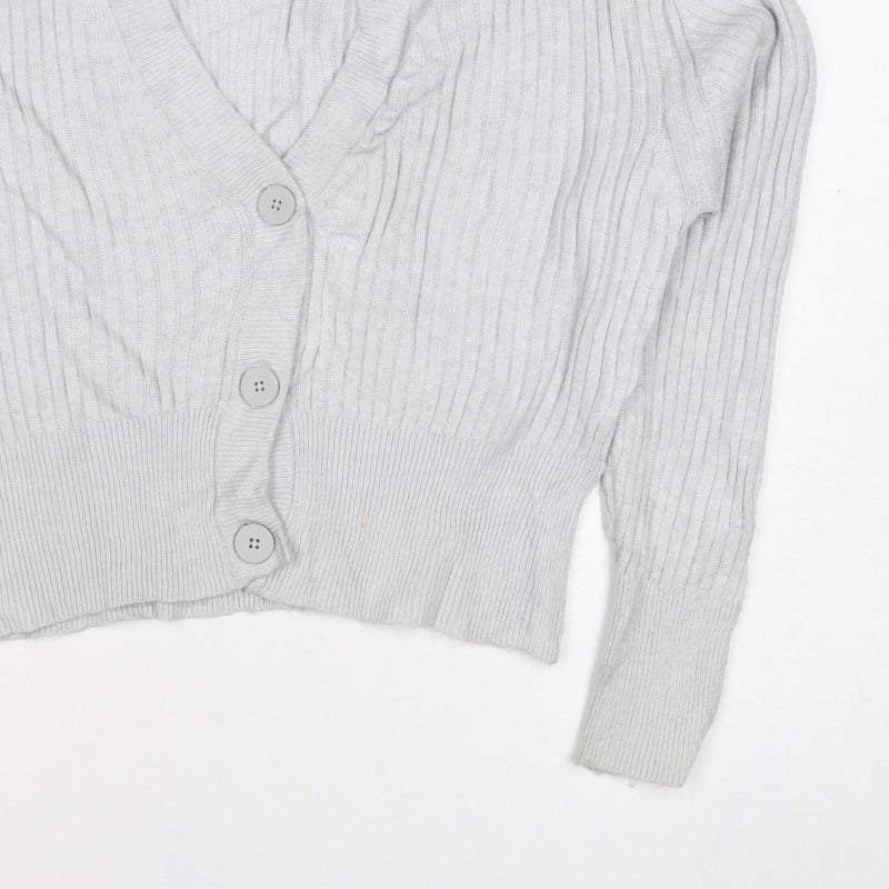 Pull&Bear Women Grey UK 12 Cable Knit V-Neck Button Cardigan