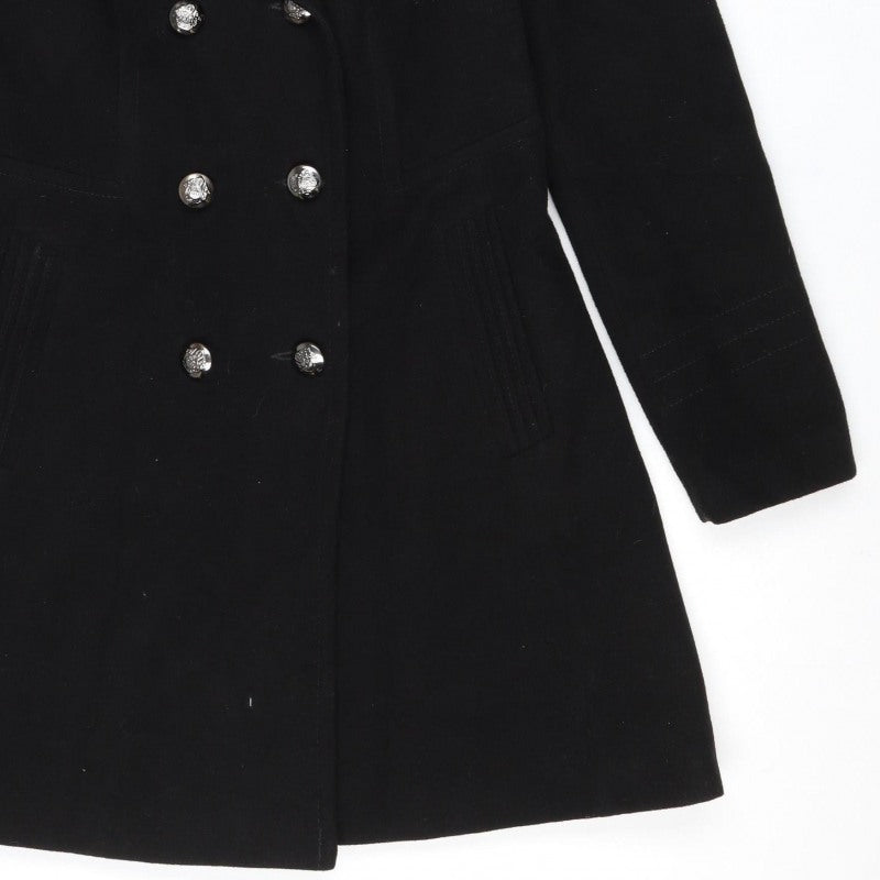 Wallis Women Black UK 10 Pea Coat Double Breasted Military Buttons