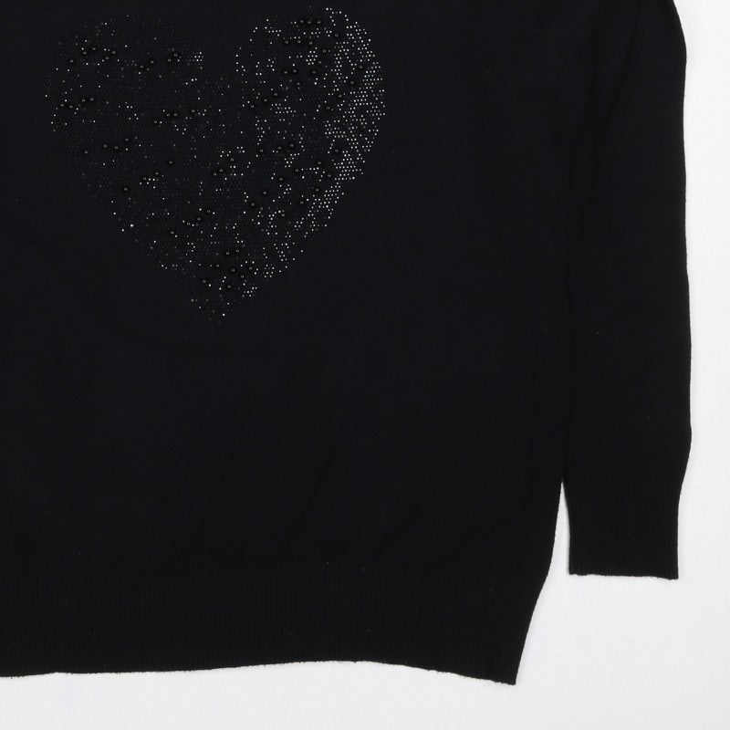 Finery Women’s Black XL Heart Beaded Rhinestone Knit Pullover Jumper