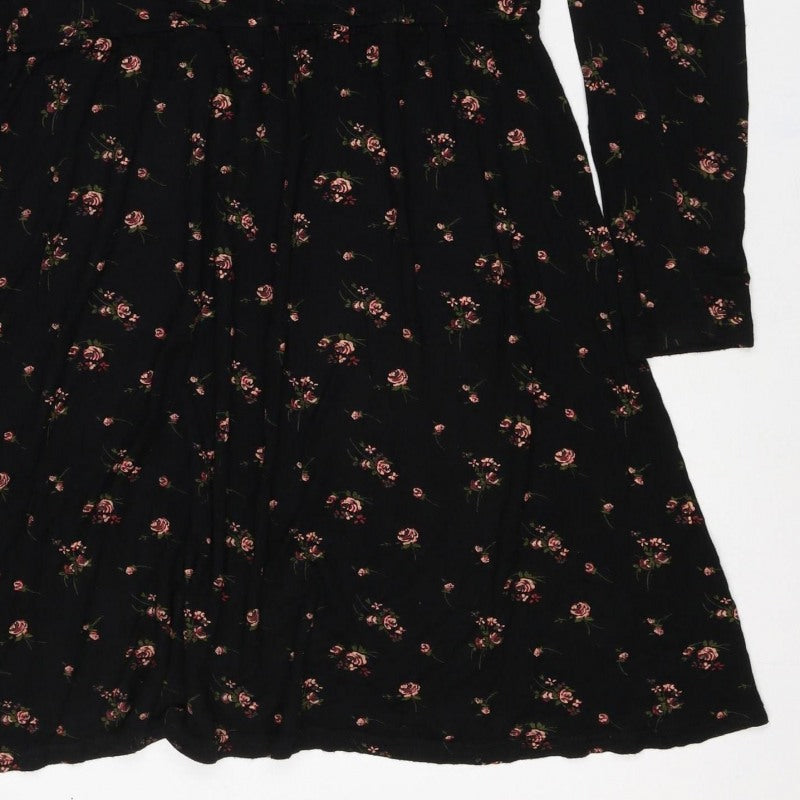 Wednesdays Girl Women Black Floral XS Fit & Flare Long Sleeve Dress