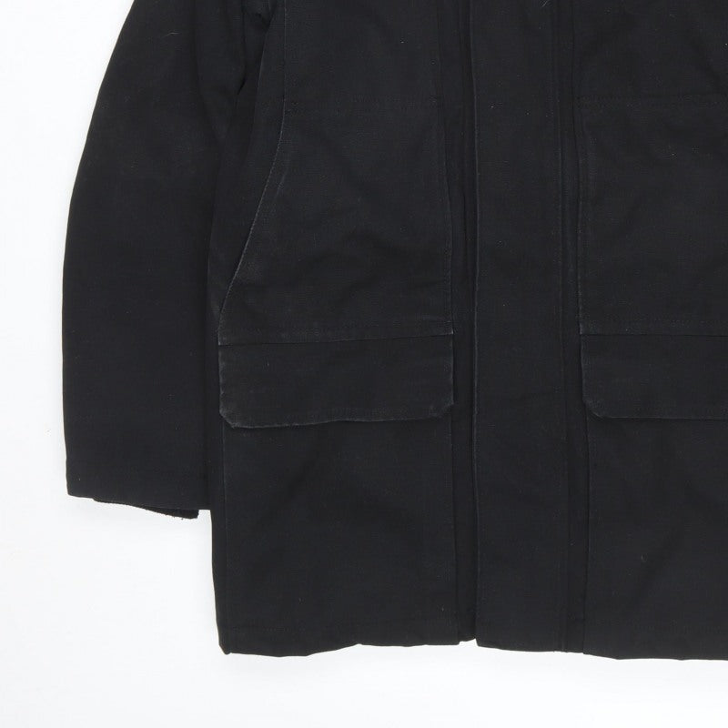 H&M LOGG Men’s Black S Fur Trim Hooded Cotton Blend Parka Coat