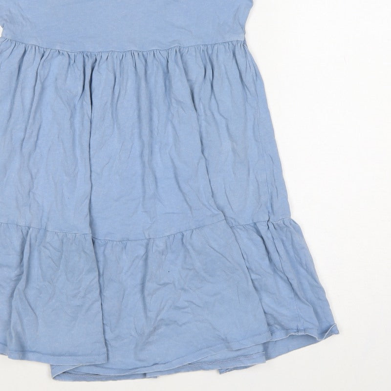 Pull&Bear Women Blue XS Cotton Fit & Flare Ruffle Short Dress