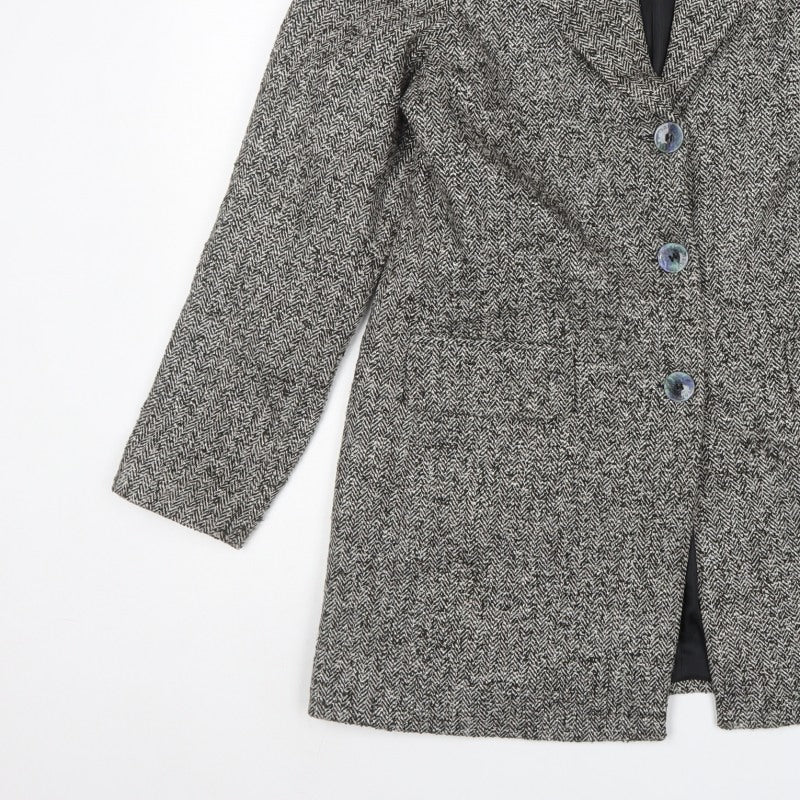 Elizabeth Emanuel Women Grey UK 16 Herringbone Tweed Long Overcoat