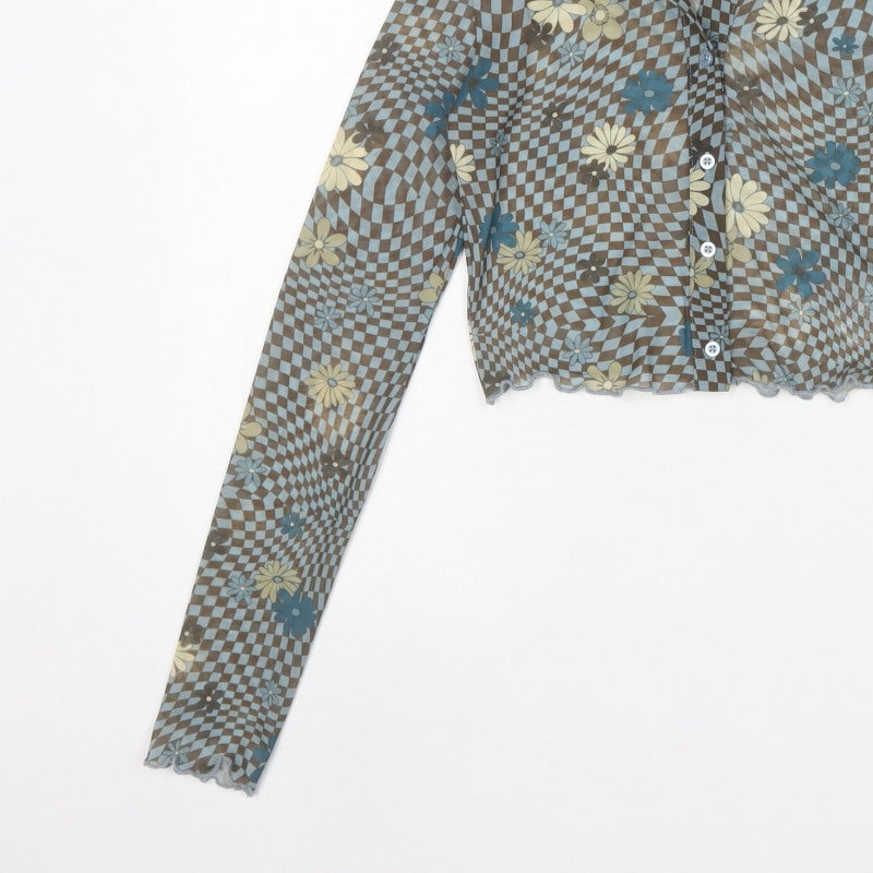 Bershka Women’s Multicoloured M Cropped Floral Check Mesh Button-Up Shirt