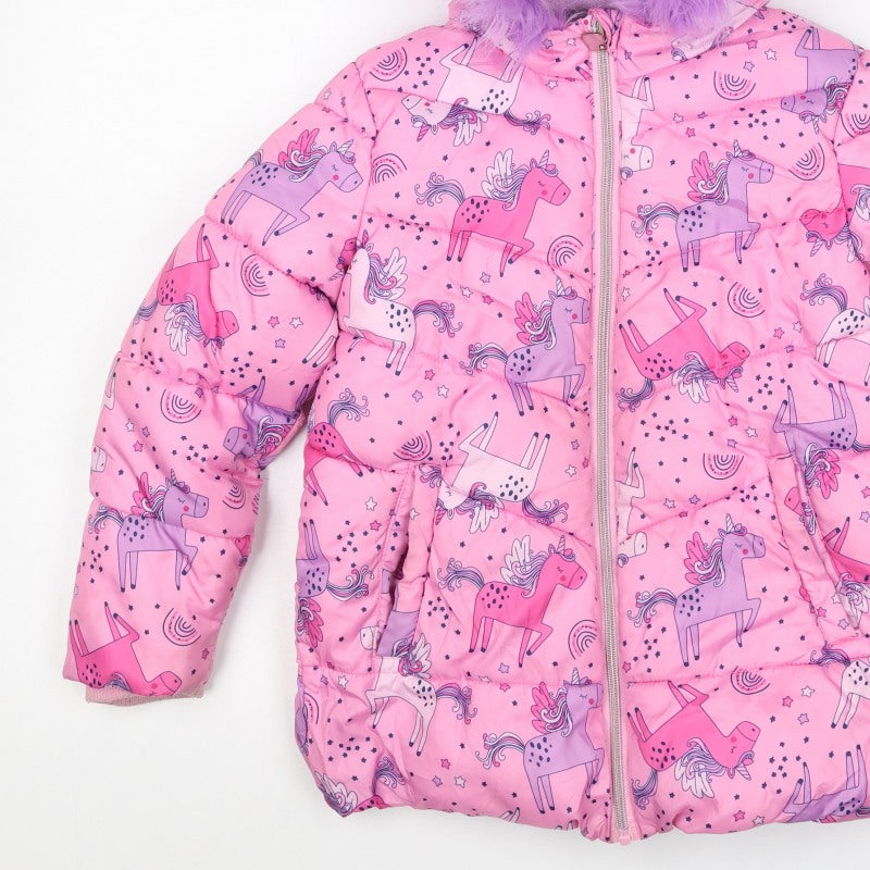 Studio Girls Pink 7-8 Years Unicorn Puffer Jacket Faux Fur Hood