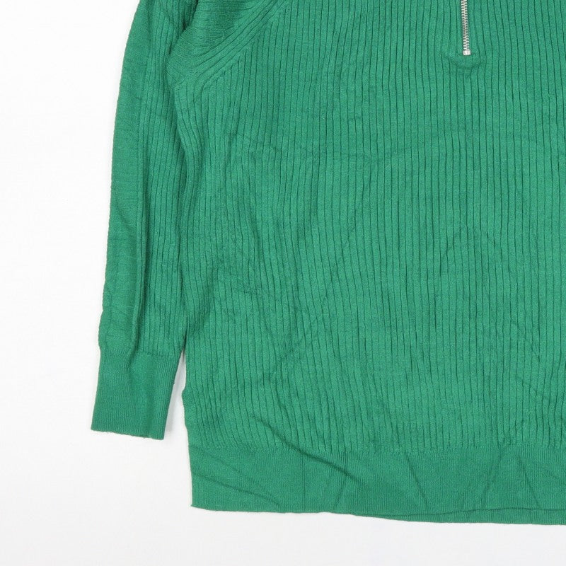 Marks and Spencer Women Green L Ribbed Half Zip High Neck Jumper
