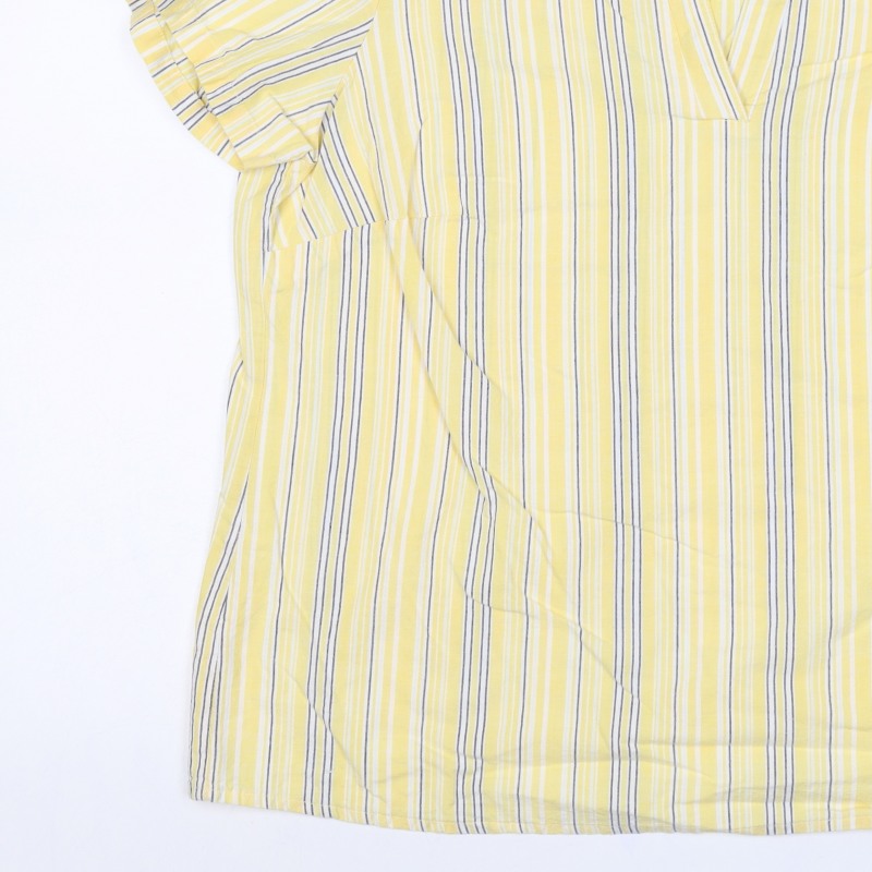 M&S Women Yellow Stripe Cotton Wrap Blouse UK 22 Short Sleeve