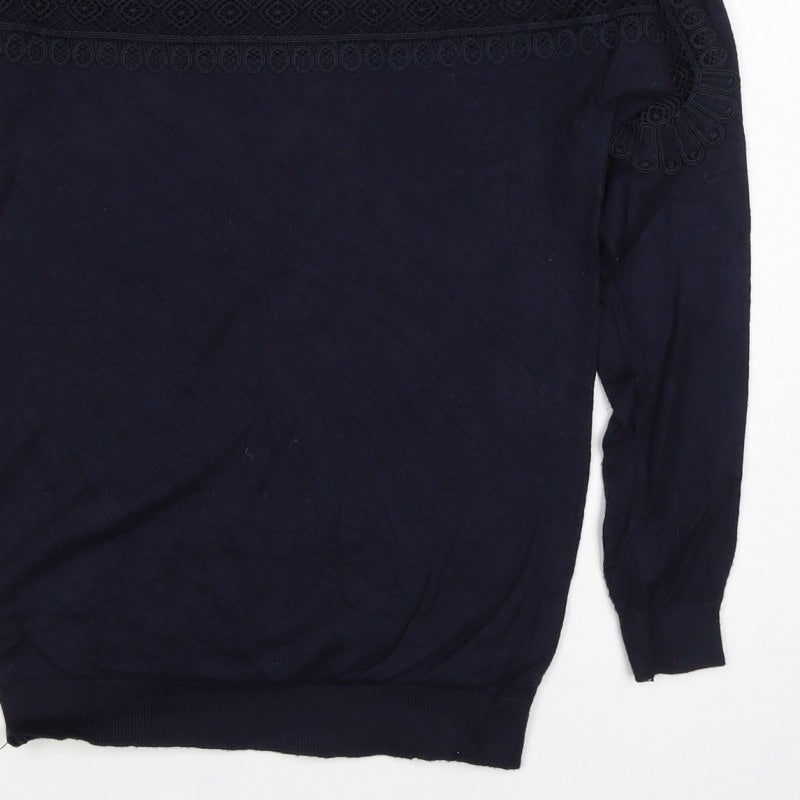 Warehouse Women Navy UK 10 Knit Lace Panel Long Sleeve Jumper Top