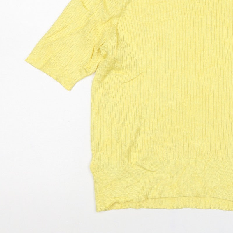 Marks and Spencer Women Yellow UK 14 Rib Knit Short Sleeve Basic Top