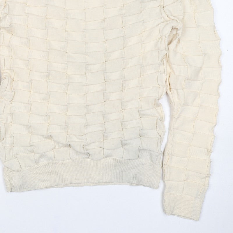 boohooMAN Men's Ivory L Ruffle Textured Knit Crew Neck Pullover Jumper