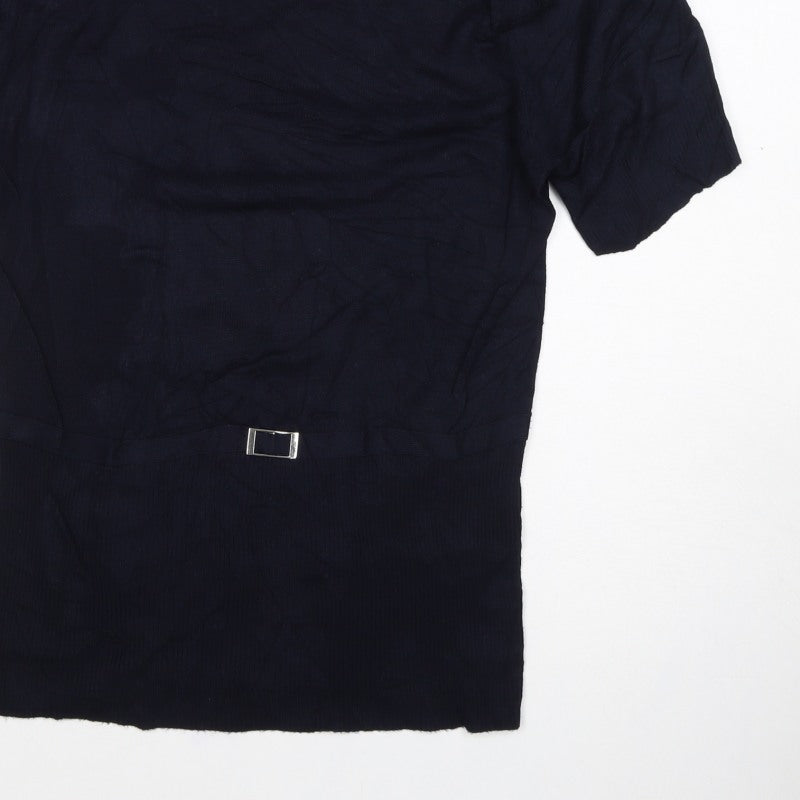 Wallis Women Black Size 14 High Neck Knit Buckle Short Sleeve Top