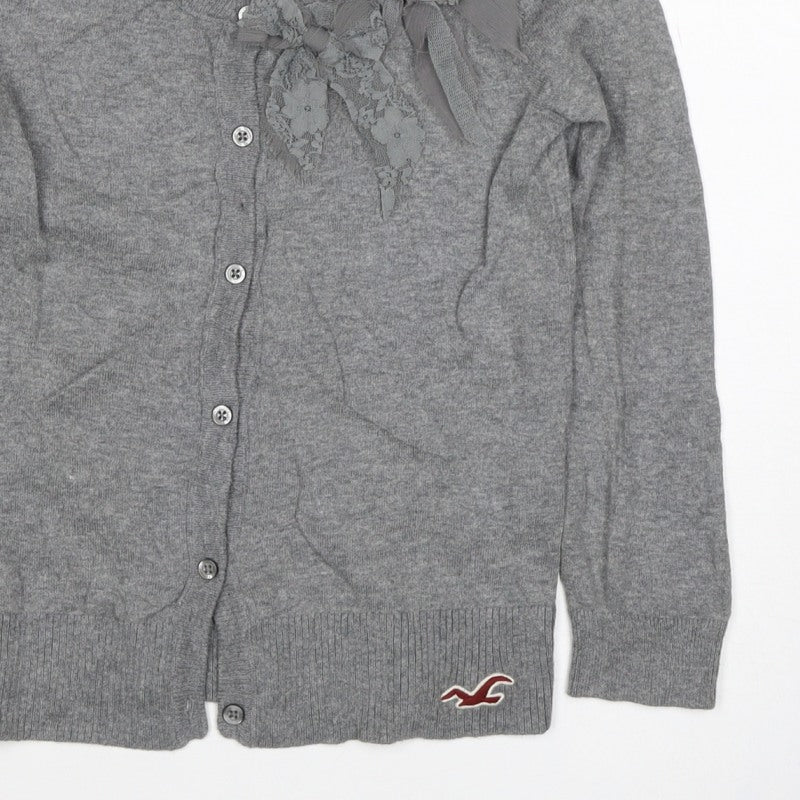 Hollister Women Grey M V-Neck Bow Lace Button Cardigan Knit