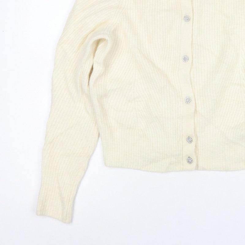 Ted Baker Women Ivory UK 12 Rib Knit Rhinestone Button Cardigan