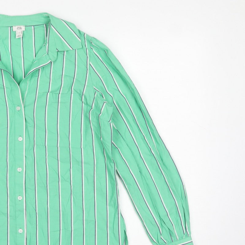River Island Women Green UK 8 Striped Cotton Button-Up Collared Blouse