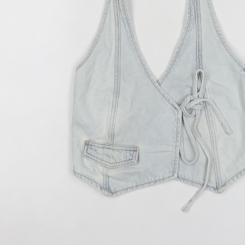 Pull&Bear Women Blue XS Denim Halter Wrap Tie Tank Top