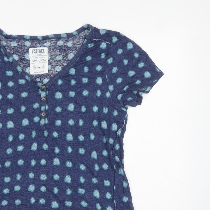 FatFace Women’s Blue Linen Basic Polka Dot V-Neck Blouse UK 14