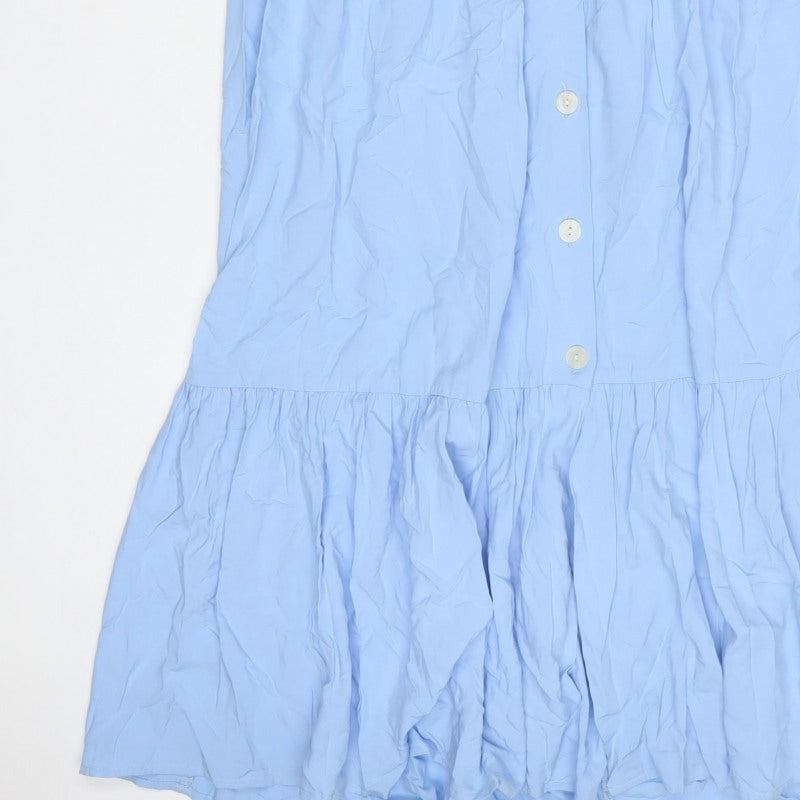 Zara Women Blue UK 12-14 Long Ruffle Button Shirt Dress