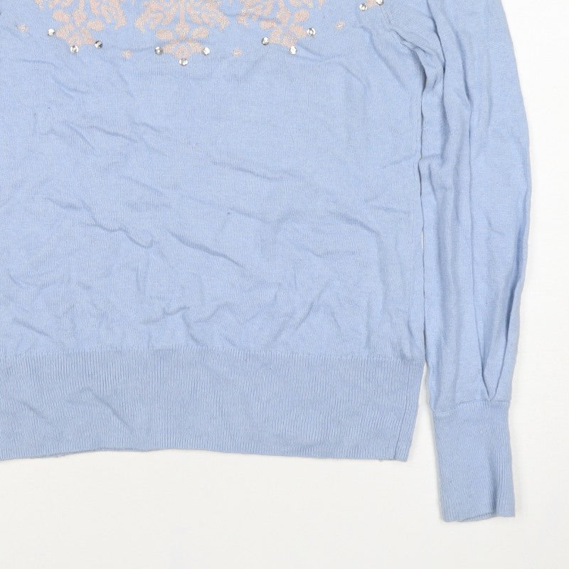 Monsoon Women Blue S Fair Isle Sequin Beaded Snowflake Knit Jumper