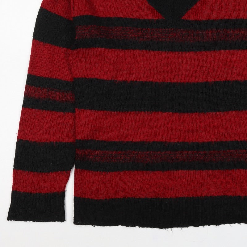 Collusion Men's Red Black Striped V-Neck Knit Pullover Jumper 2XS