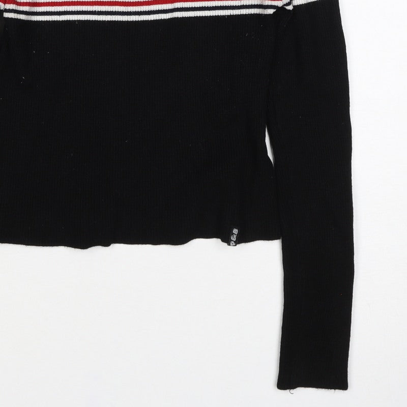 Pull&Bear Women Black M High Neck Striped Rib Knit Long Sleeve Top