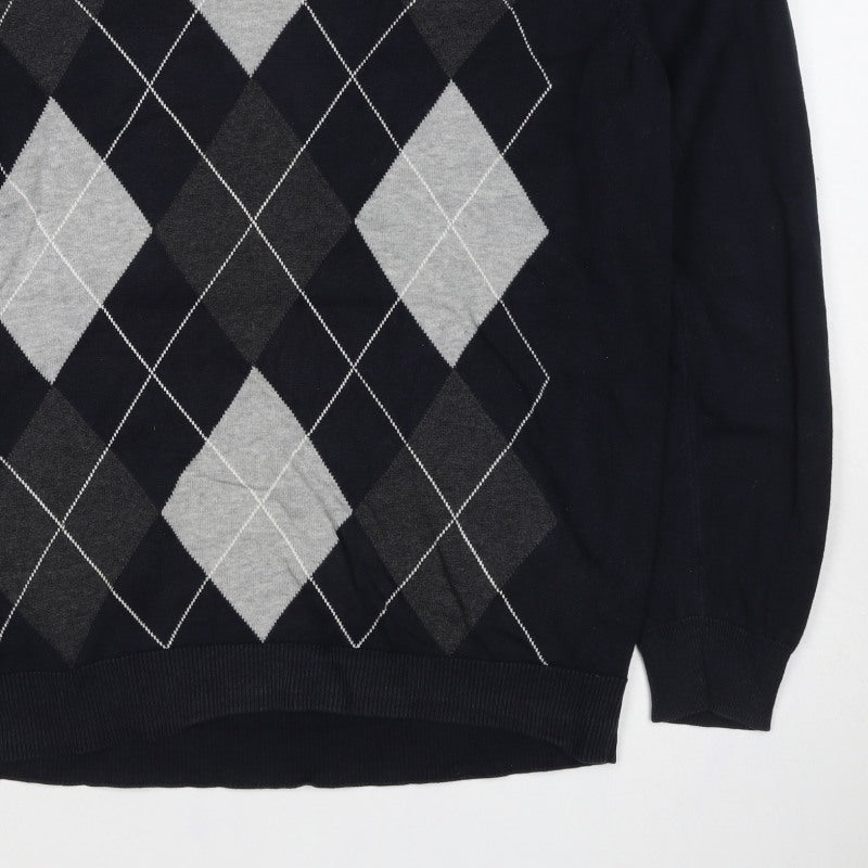 Atlantic Bay Men Black Grey Argyle V-Neck Cotton Jumper L