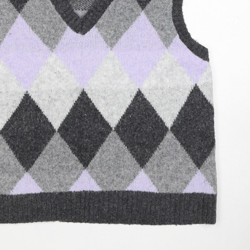 Ninety Clothing Co Women Grey Argyle Knit Vest XL Sleeveless Jumper