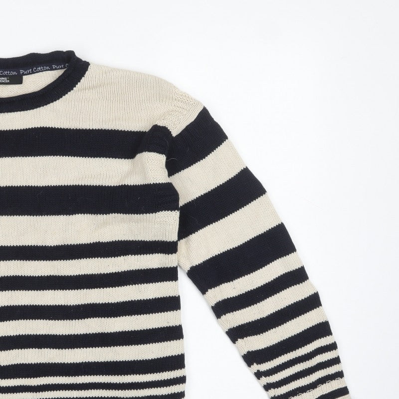 Marks & Spencer Women Blue UK 10 Striped Pure Cotton Crew Neck Jumper