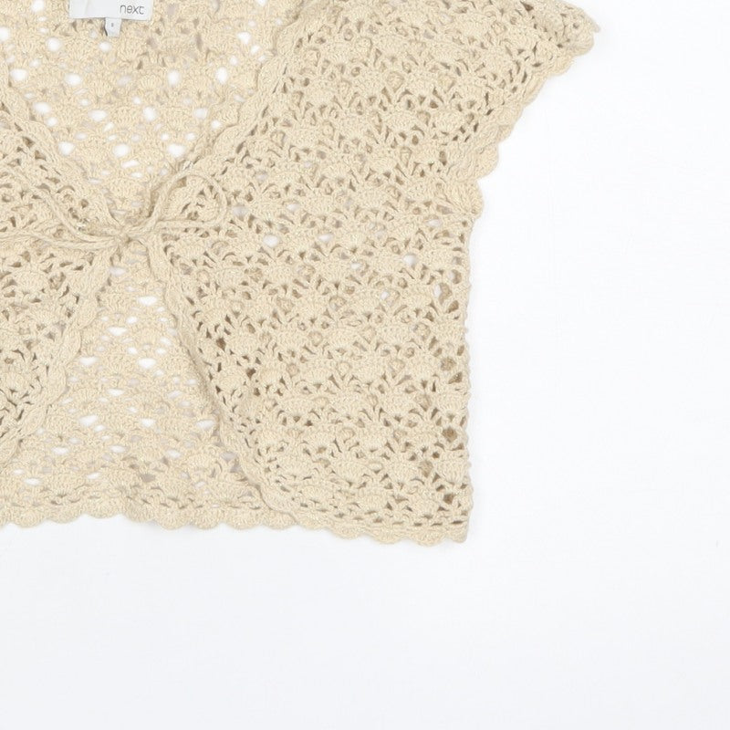 Next Women Beige S Cropped Crochet Open Front Short Sleeve Shrug