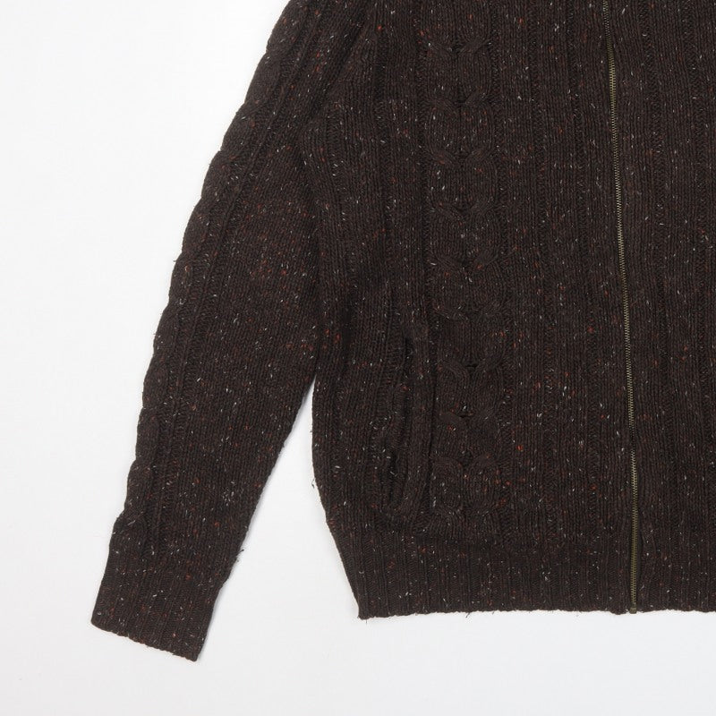 Kickers Men’s Brown L Full Zip Cable Knit Wool Blend Jumper
