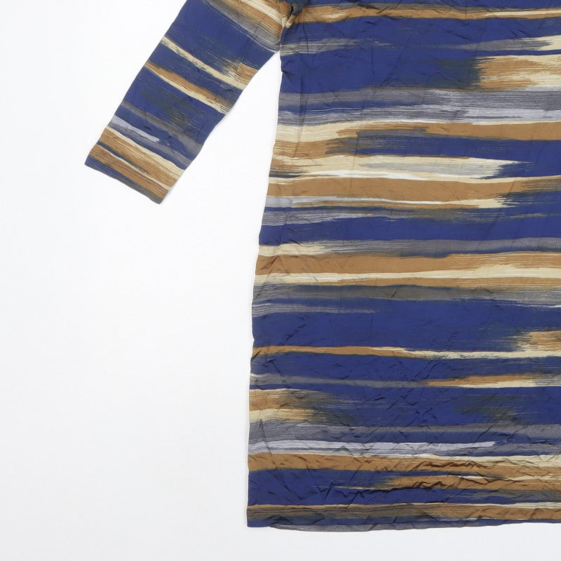 Marella Women Blue Striped Shift Dress M 3/4 Sleeve Keyhole