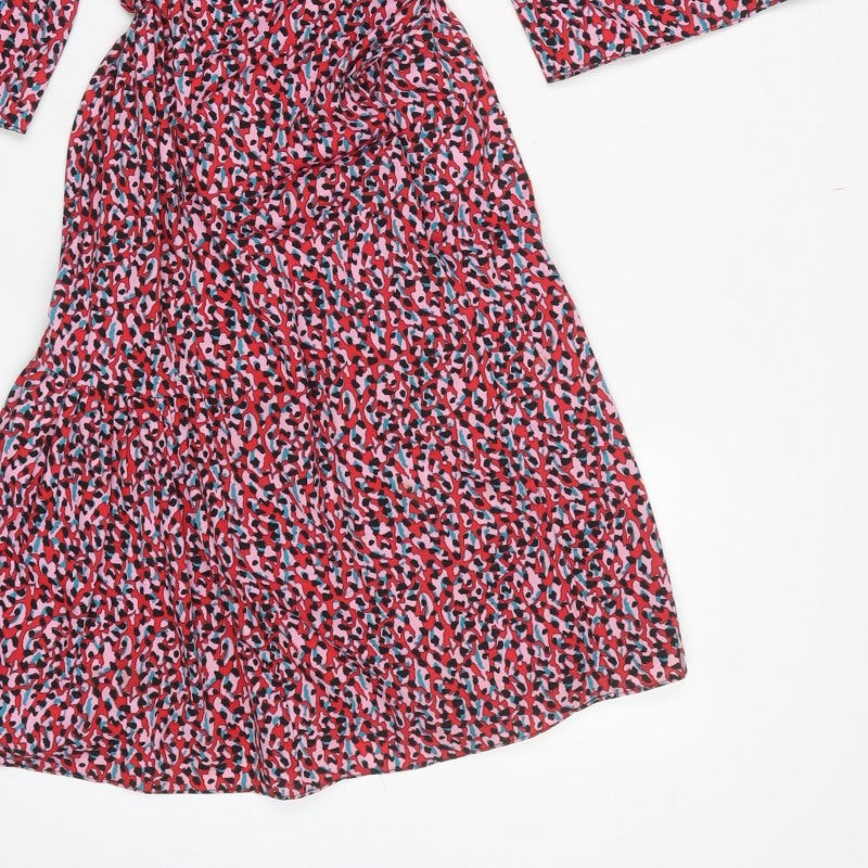 Topshop Women Pink Animal Print Midi Wrap Dress UK 8 Flared Sleeve