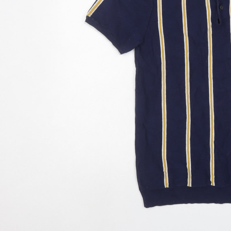 Marks and Spencer Men Blue M Striped Cotton Rich Knit Polo