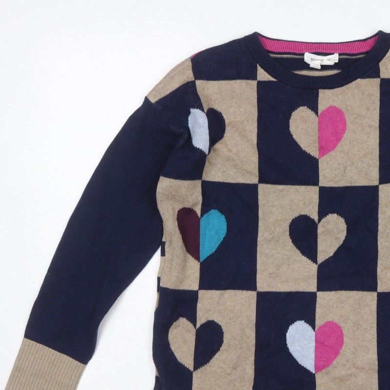 White Stuff Women’s Beige Navy Heart Check Knit Jumper UK 14