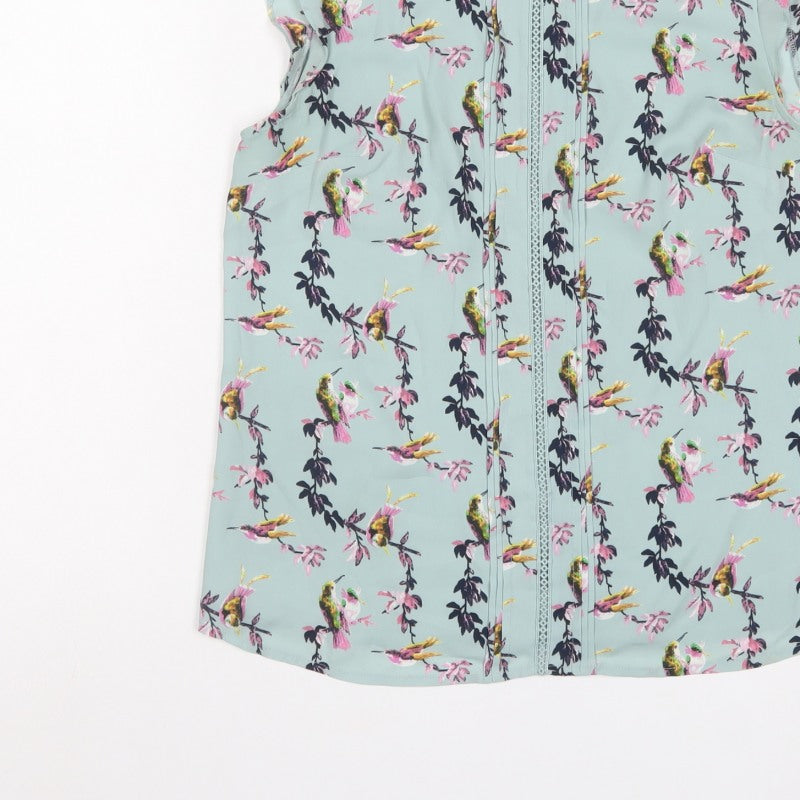 Oasis Women Blue Floral Bird Sleeveless Crochet Trim Blouse UK 12