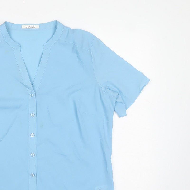 Marks and Spencer Women Blue UK 14 Short Sleeve V-Neck Button-Up Blouse