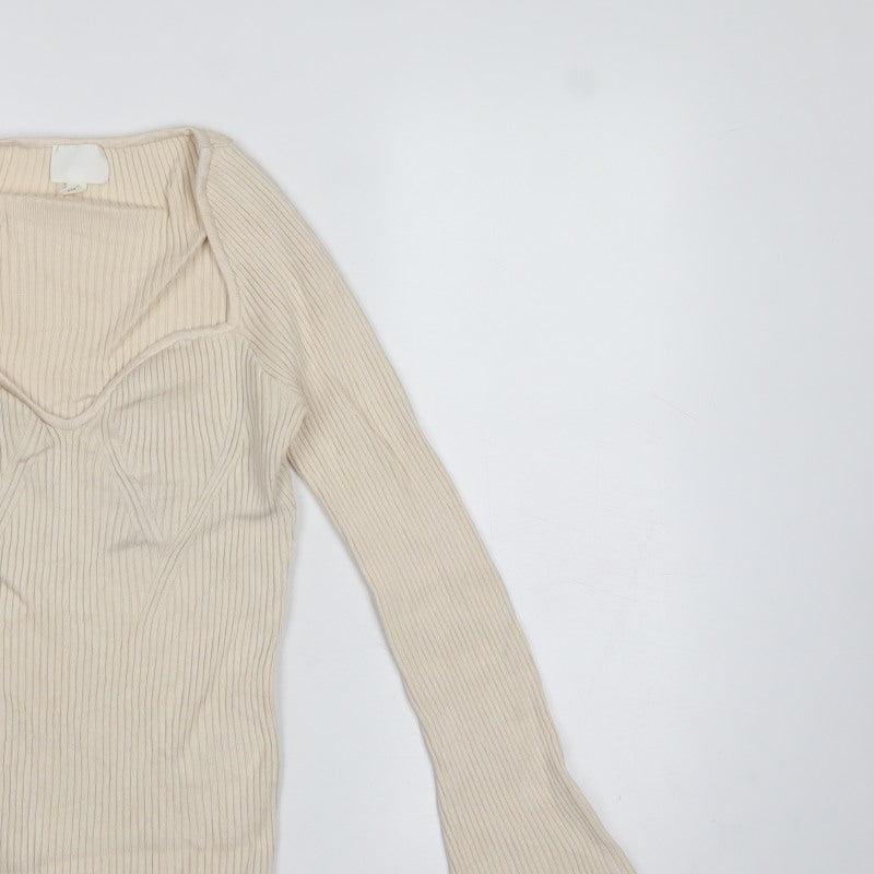 H&M Women Ivory M Rib Knit V-Neck Slim Fit Pullover Jumper