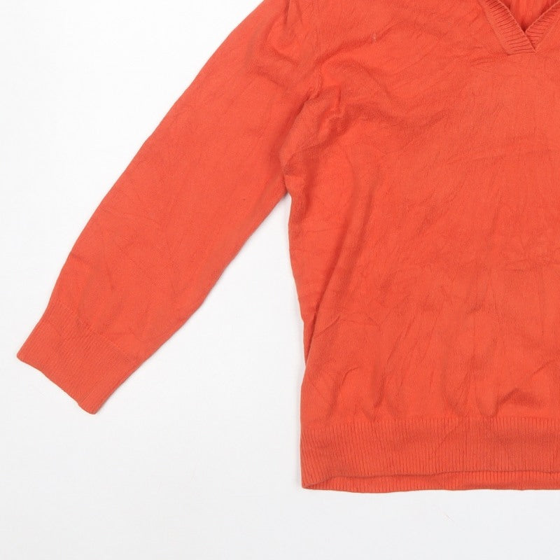 Lands' End Women Orange Cotton Collared V-Neck Knit Jumper Size S