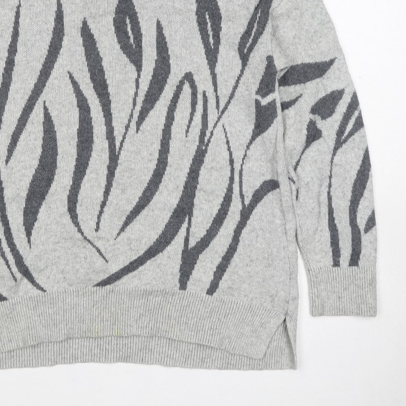 Woolovers Women Grey M Floral Cotton Knit Crew Neck Jumper