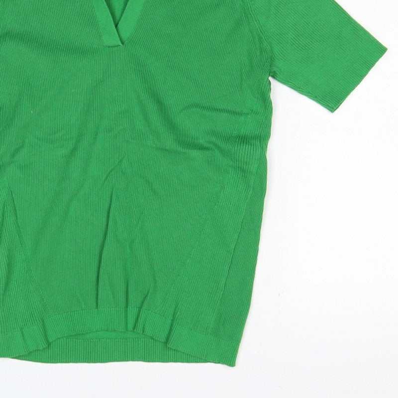 M&S Collection Women Green M Ribbed Roll Neck Short Sleeve Knit Top