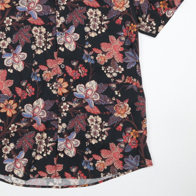 Next Men's M Black Floral Slim Fit Short Sleeve Button-Up Shirt