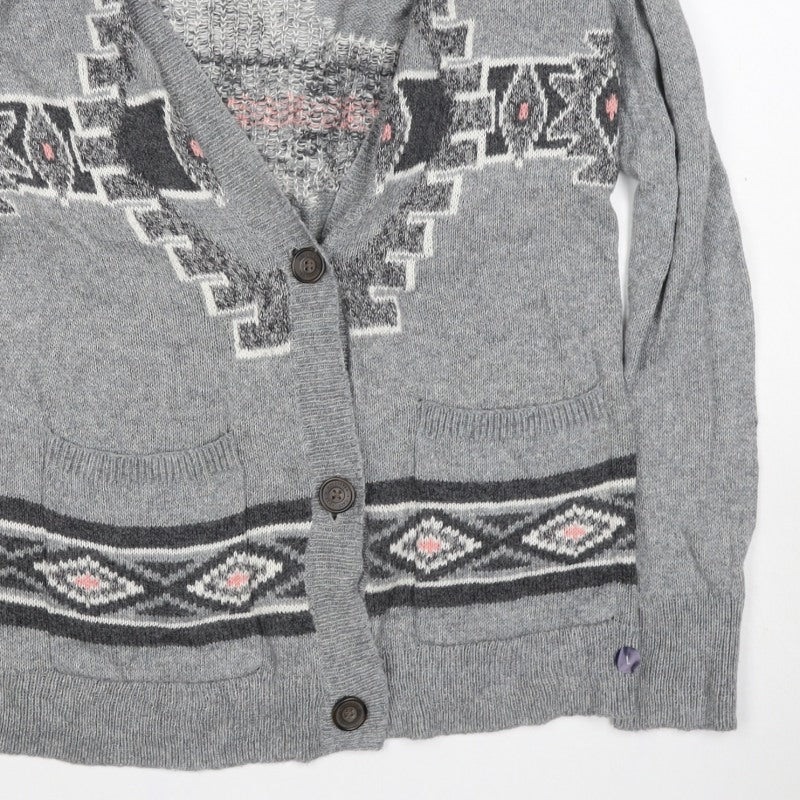 Hollister Women Grey L Aztec Geometric Knit Button Cardigan