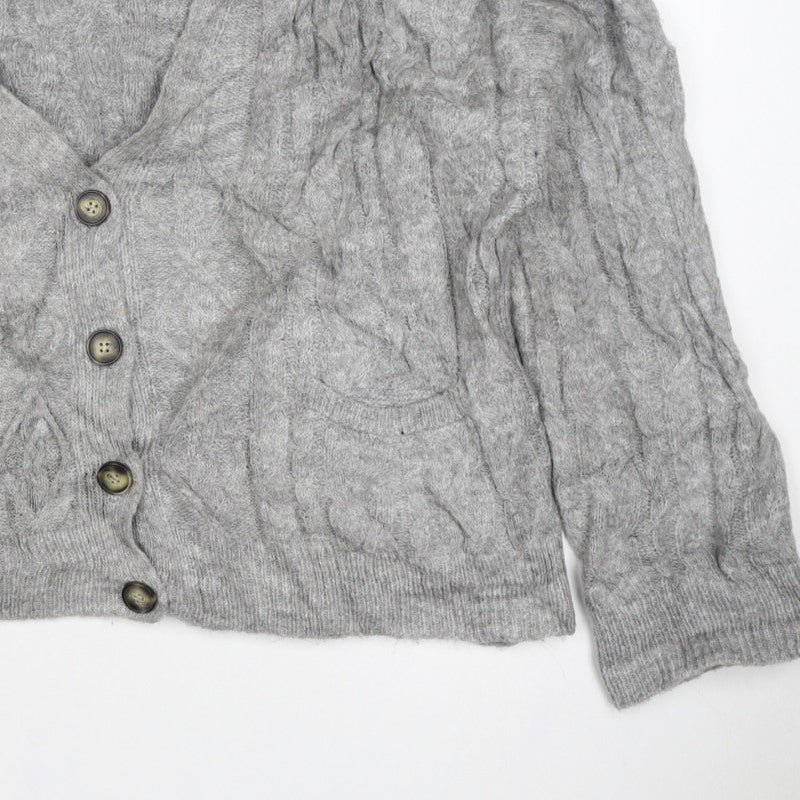 Zara Women Grey M Cable Knit V-Neck Button Cardigan