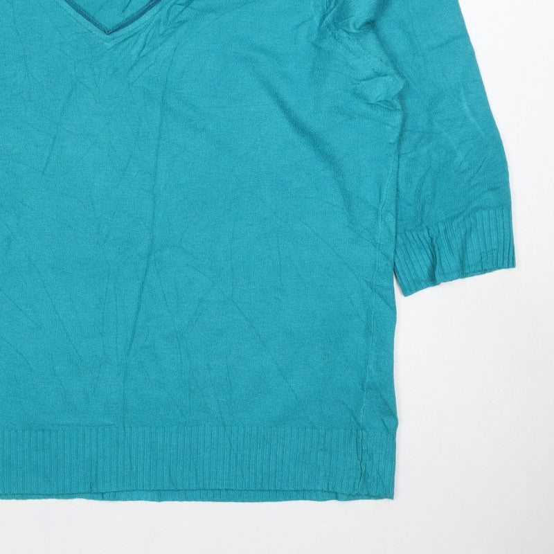 Per Una Women’s Blue UK 20 Cotton Knit V-Neck 3/4 Sleeve Top