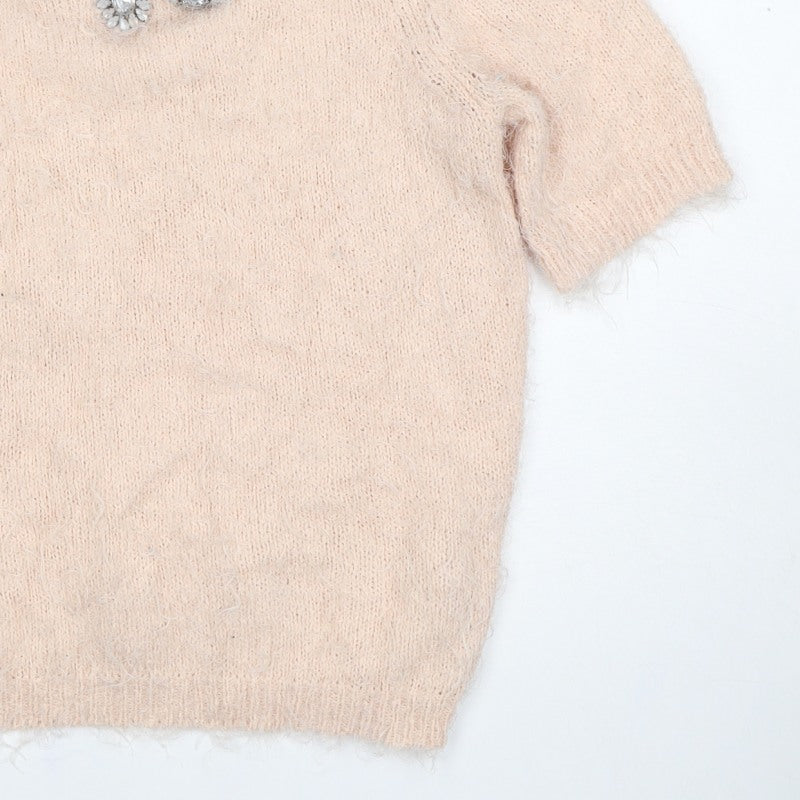 New Look Women Beige Size 10 Knit Beaded Rhinestone Short Sleeve Top
