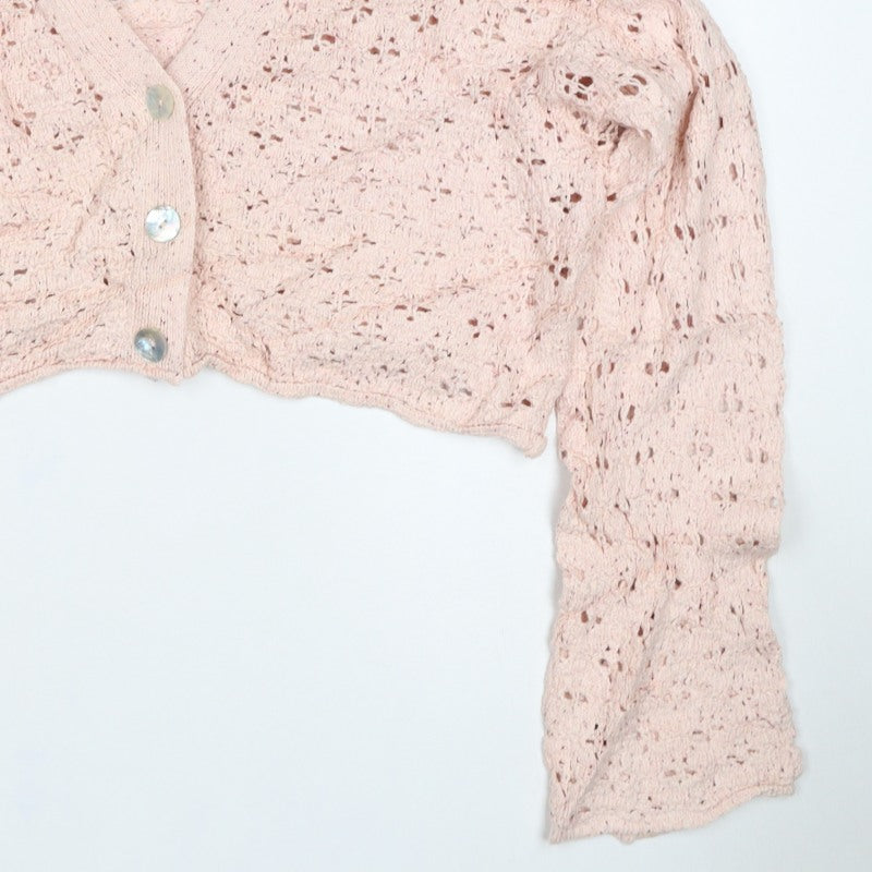 MNG Women Pink M Open Knit Cropped V-Neck Button Cardigan