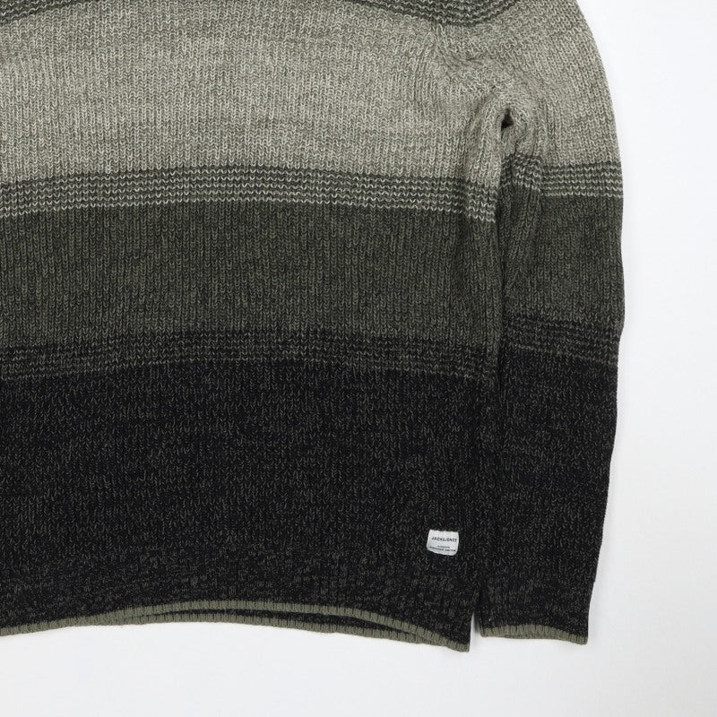 Jack & Jones Men’s Green Grey Striped Chunky Knit Crew Neck Jumper L