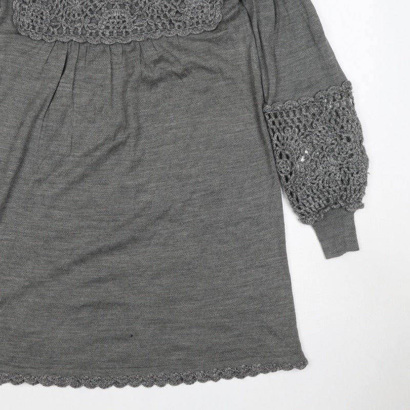 Mango Women’s Grey S Crochet Knit Jumper Dress Square Neck Boho