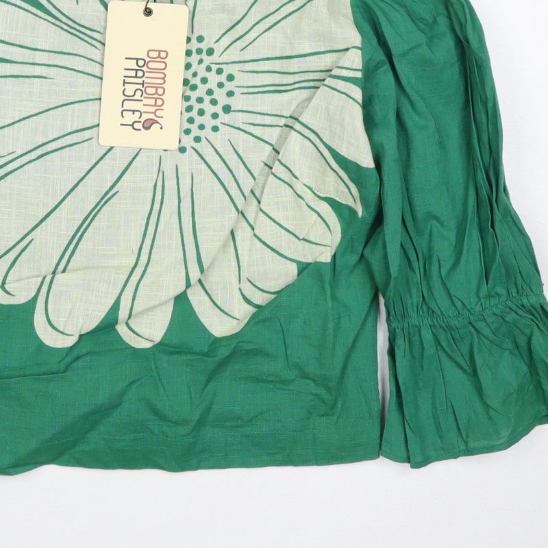 Bombay Paisley Women Green XS Floral Cotton Puff Sleeve Button-Up Blouse