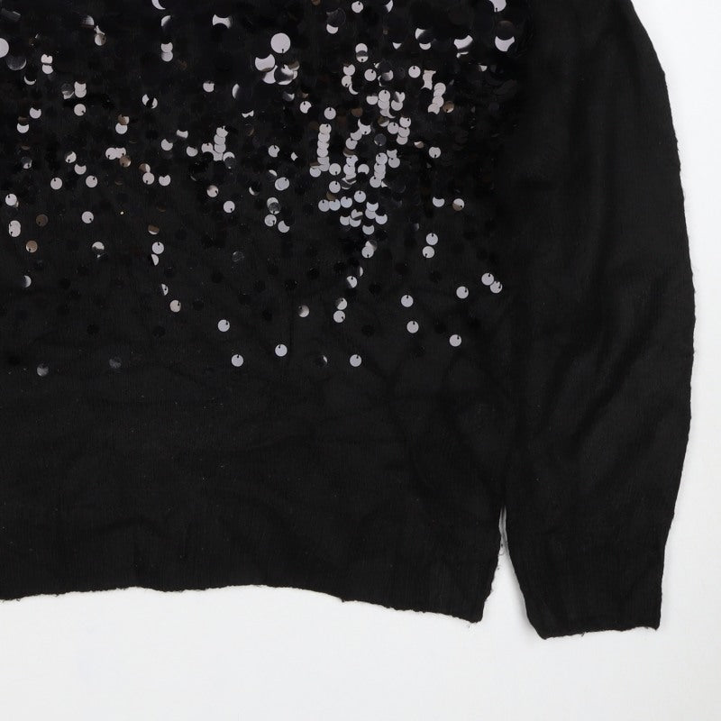 Peacocks Women Black L Sequin Crew Neck Long Sleeve Knit Jumper