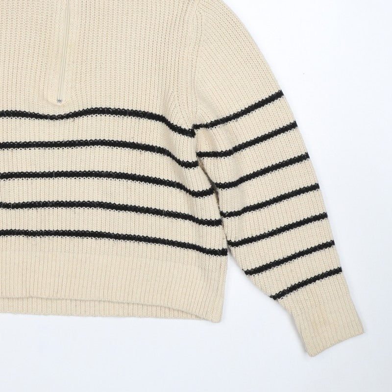 Pull&Bear Women’s Ivory Black Striped Half Zip Roll Neck Jumper S